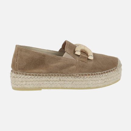 Brown suede espadrilles with jute platform and ornament 