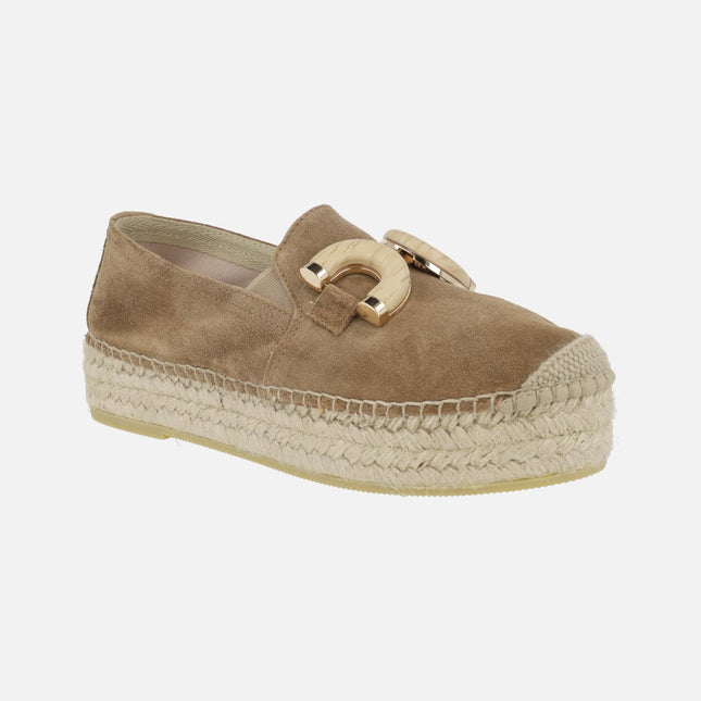 Brown suede espadrilles with jute platform and ornament 