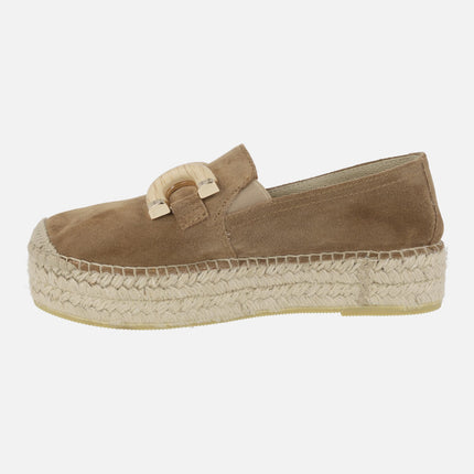 Brown suede espadrilles with jute platform and ornament 