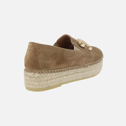 Brown suede espadrilles with jute platform and ornament 