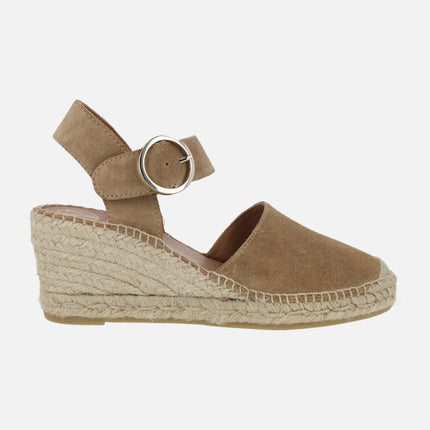 Medium wedged espadrilles in brown suede with buckle