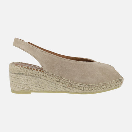 Leather espadrilles with open toe and low wedge