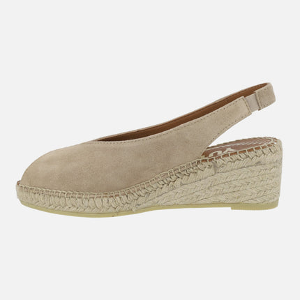 Leather espadrilles with open toe and low wedge