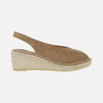 Leather espadrilles with open toe and low wedge