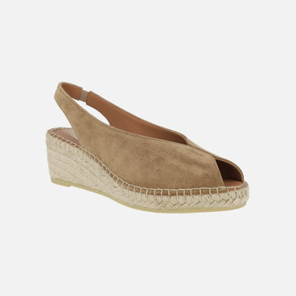 Leather espadrilles with open toe and low wedge