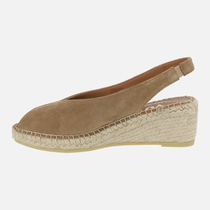 Leather espadrilles with open toe and low wedge