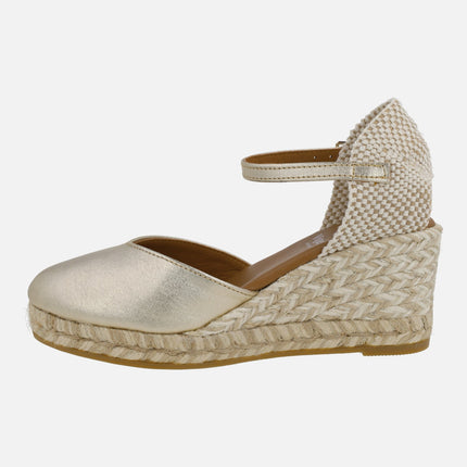 Gold leather espadrilles with ankle bracelet