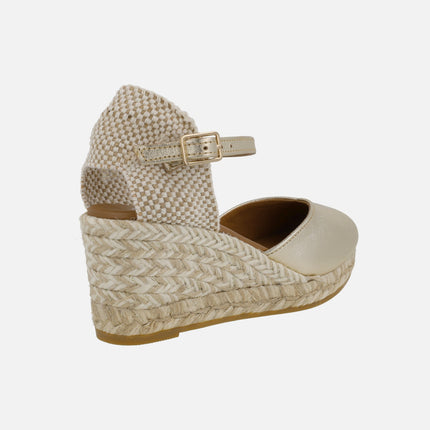 Gold leather espadrilles with ankle bracelet