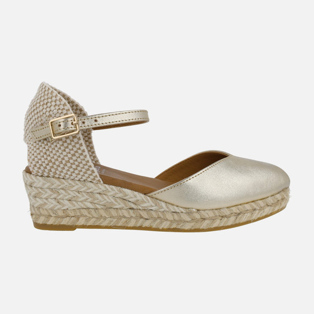 Gold leather espadrilles with ankle bracelet and low wedge