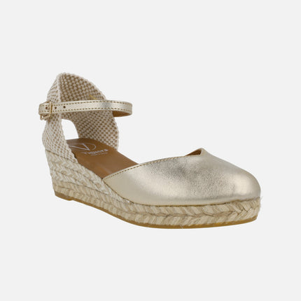 Gold leather espadrilles with ankle bracelet and low wedge