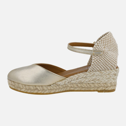 Gold leather espadrilles with ankle bracelet and low wedge