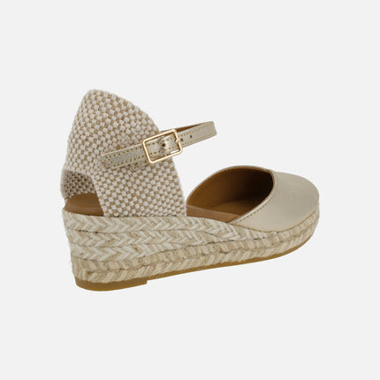 Gold leather espadrilles with ankle bracelet and low wedge