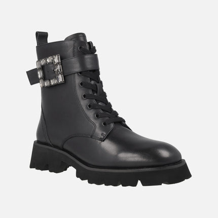 Botines negros de piel con cordones y hebilla joya Elisa