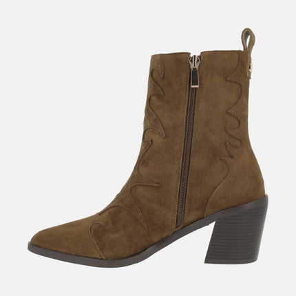 Botines de tacón Lima en ante con elásticos y piezas en relieve