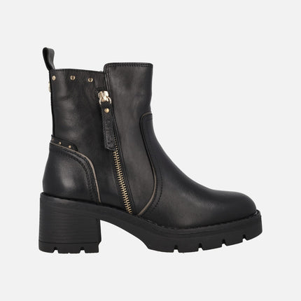 Botines de tacón en piel negra con doble cremallera