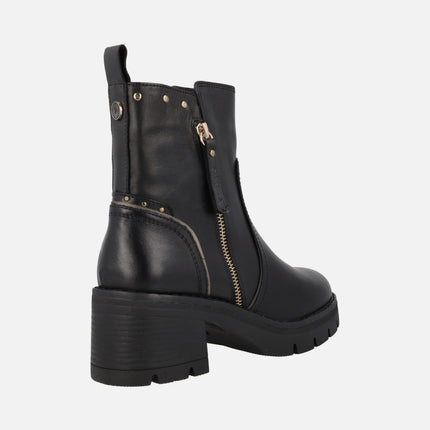 Botines de tacón en piel negra con doble cremallera