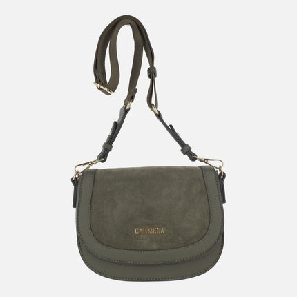 Bolsos bandolera con tapa en combinado de piel y sintéticos