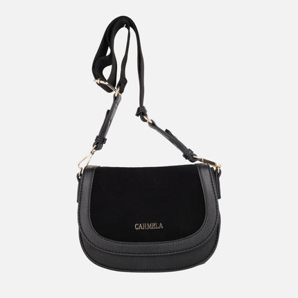 Bolsos bandolera con tapa en combinado de piel y sintéticos