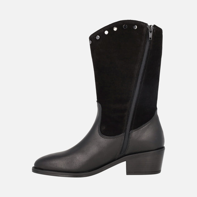 Botas Alpe Queens en combinado de piel y serraje negro con tachas