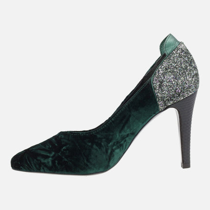 High heeled rooms in green velvet with glitter heel