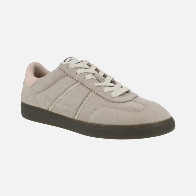 Zapatillas deportivas en serraje taupe con talonera rosa