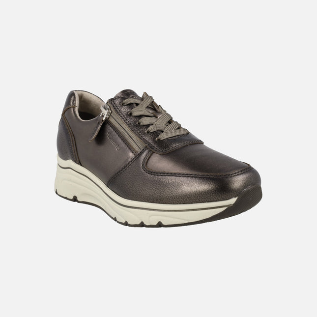 Leather sneakers with laces and side zipper