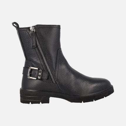 Botines de mujer en piel negra con hebilla y cremalleras