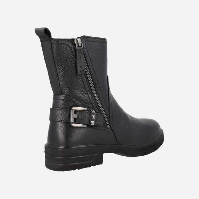 Botines de mujer en piel negra con hebilla y cremalleras