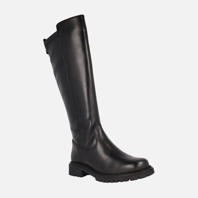 Botas altas para mujer en piel negra con caña elástica