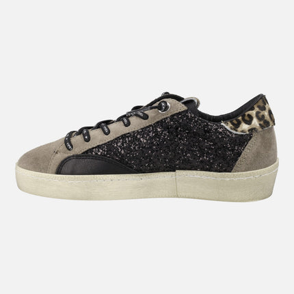 Zapatillas deportivas en combinado de glitter negro con serraje taupe y print leopardo
