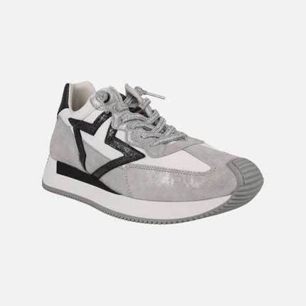 Zapatillas deportivas de piel y tejido en blanco plata y negro