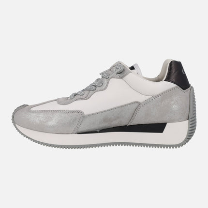 Zapatillas deportivas de piel y tejido en blanco plata y negro