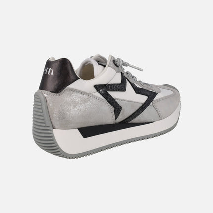 Zapatillas deportivas de piel y tejido en blanco plata y negro