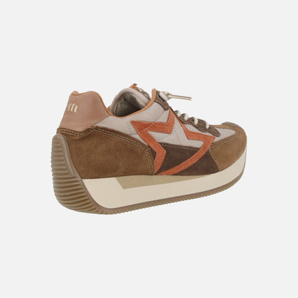 Zapatillas deportivas en serraje y tejido guateado en tonos marrones