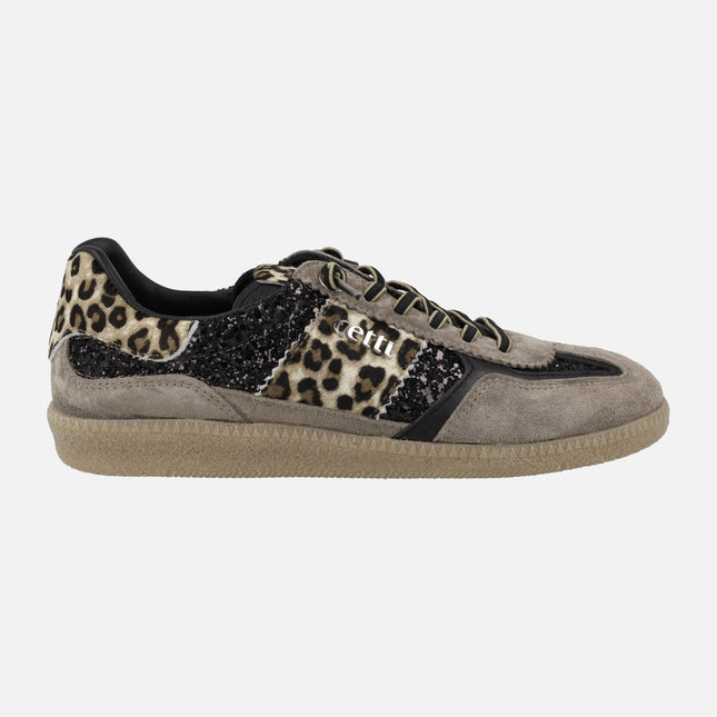 Zapatillas deportivas en combinado de glitter negro y animal print leopardo