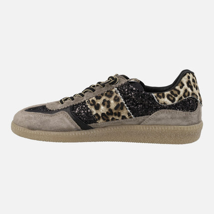 Zapatillas deportivas en combinado de glitter negro y animal print leopardo