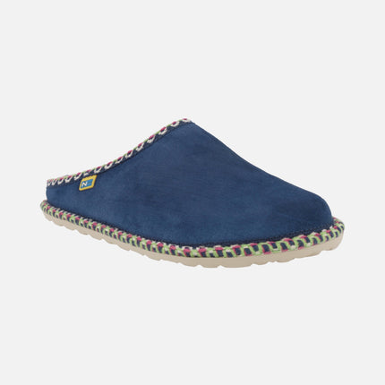 Zapatillas de casa para mujer en piel serraje con pespuntes de colores