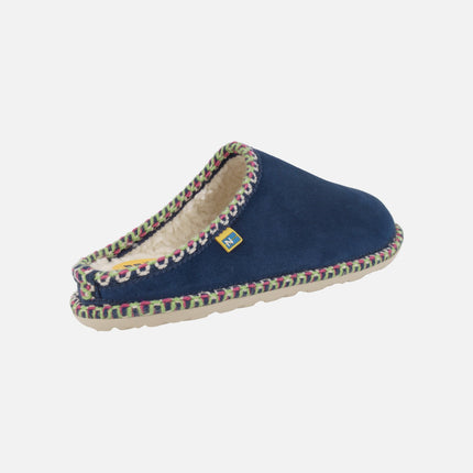 Zapatillas de casa para mujer en piel serraje con pespuntes de colores