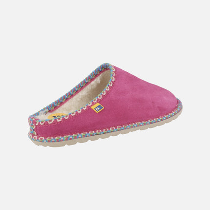Zapatillas de casa para mujer en piel serraje con pespuntes de colores