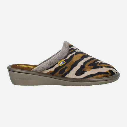 Zapatillas de casa para mujer en animal print Tanzania marrón
