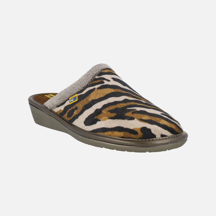 Zapatillas de casa para mujer en animal print Tanzania marrón