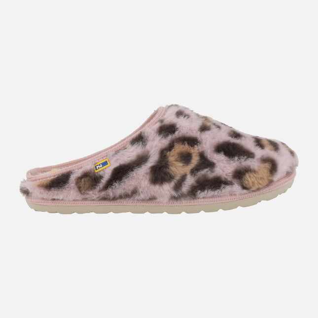 Zapatillas de casa para mujer en pelo leopardo rosa
