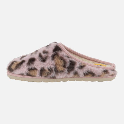 Zapatillas de casa para mujer en pelo leopardo rosa