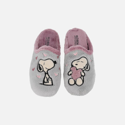 Zapatillas de casa Snoopy corazones en gris y rosa