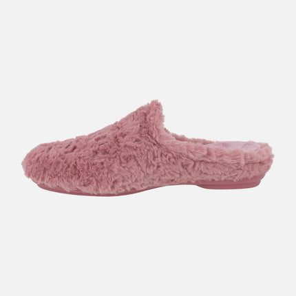 Zapatillas de casa para mujer en pelo rosa abiertas de talón