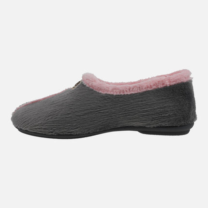 Zapatillas de casa cerradas para mujer en combinado gris y rosa