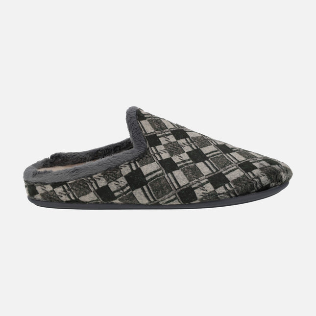 Zapatillas de casa descalzas para hombre en combinado a cuadros gris y negro