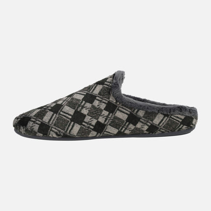 Zapatillas de casa descalzas para hombre en combinado a cuadros gris y negro