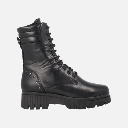 Black leather ankle boots with high leg and padded neck