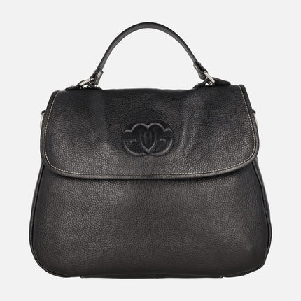 Black leather handbags with lid and crossbody handle